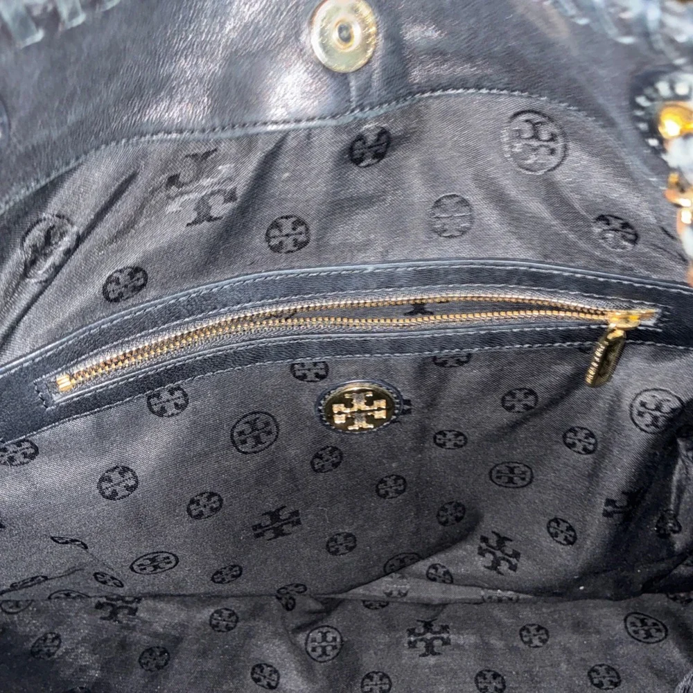 Tory Burch Marion Quilted Black Leather Tote Bag Gold Chain‎ Shoulder Bag Large